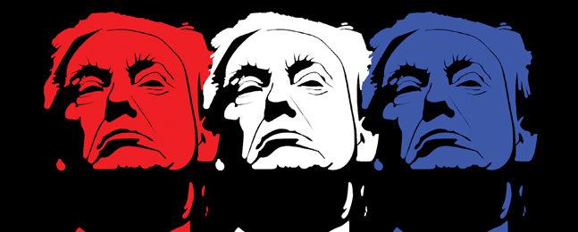 Rough line drawing of Trump's face reproduced three times side by side, one colored red, one white, one blue.